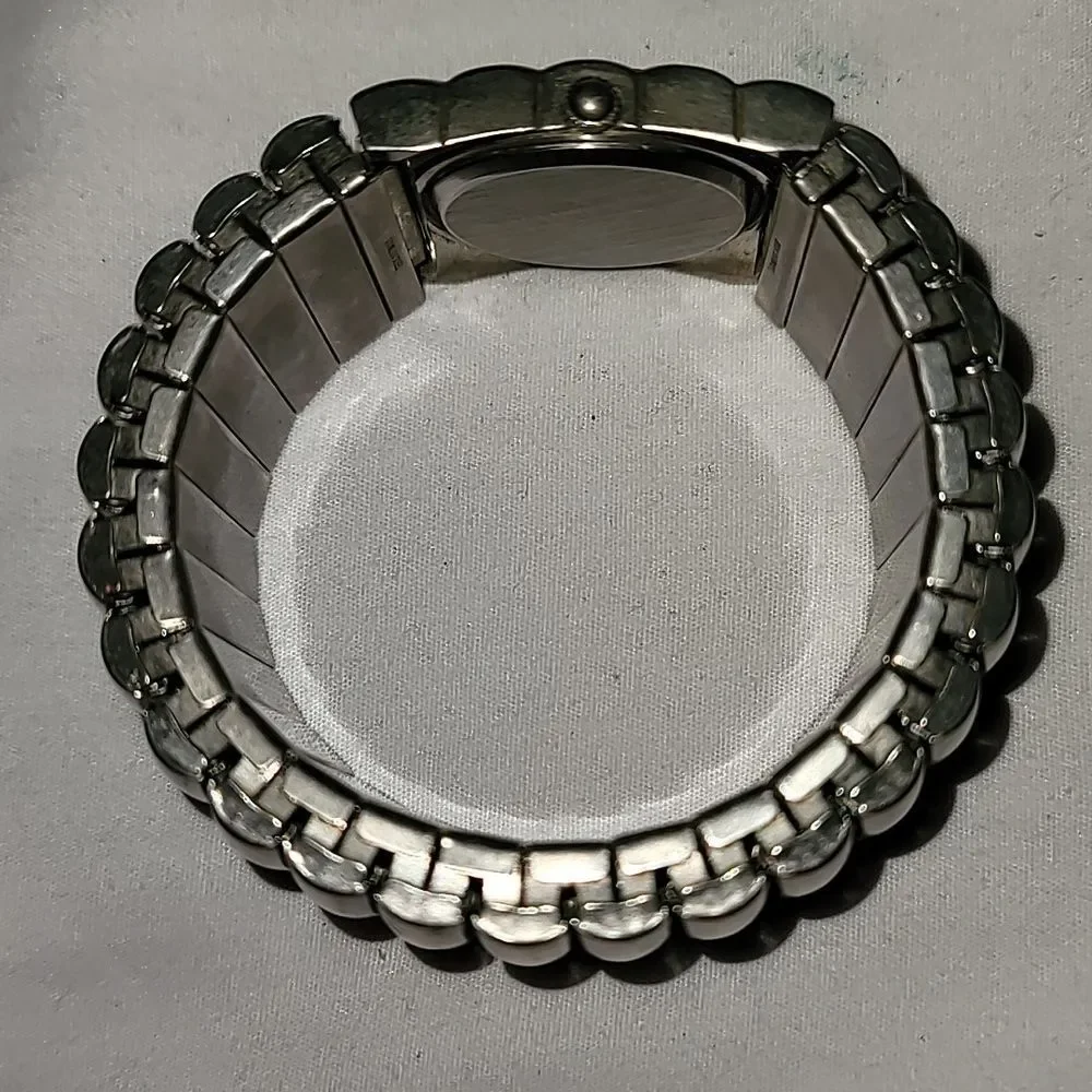 Lucida‎ Industrial Thick Silver Metal Watch Expandable Band White Abalone Face